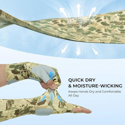 KastKing Agies Fishing Gloves Men, UPF 50+ Sun Gloves UV Protection, Cooling Quick-Dry 3/4 Fingerless Gloves with Extended Cuff, Microfiber Palm & Pull Tabs, for Fishing, Kayaking, Hiking, Hunting - color: X Camo-Multi Purpose, size: Small-Medium