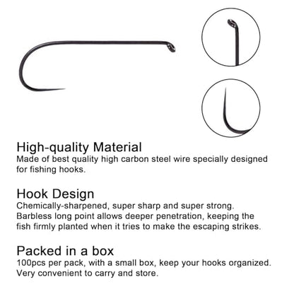 Eupheng Fly Fishing Hooks 100pc Pack Barbless Catch & Release Dry Wet Nymph Shrimp&Pupa, Streamer, Caddis, Jig, Scud Flies Fishing Hooks - color: EP Fly-C&R-NYM-0021, size: #10