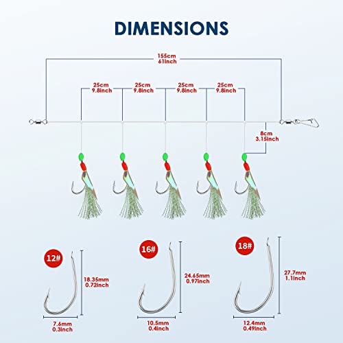 10 pcs Mackerel Feathers Rigs Saltwater, Pre-Tied Sea Fishing Bait Rigs with Luminous Colorful Feathers/Luminous Beads Bionic Flying Insects, Lure Rigs for Mackerel, Pollock, Cod, Bass - size: Hook Size 16, style: Style 1