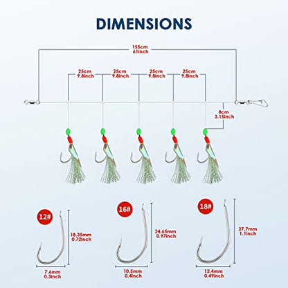 10 pcs Mackerel Feathers Rigs Saltwater, Pre-Tied Sea Fishing Bait Rigs with Luminous Colorful Feathers/Luminous Beads Bionic Flying Insects, Lure Rigs for Mackerel, Pollock, Cod, Bass - size: Hook Size 18, style: Style 1