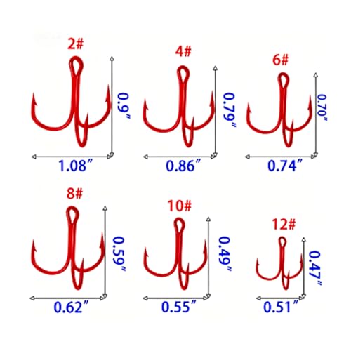 Persei 100pcs Fishing Hook Treble Hooks High Carbon Treble Hooks Super Sharp Solid Size 2 4 6 8 10 12 Triple Barbed Steel Fish Hook - color: Red, size: 4#-100pcs