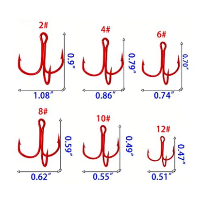 Persei 100pcs Fishing Hook Treble Hooks High Carbon Treble Hooks Super Sharp Solid Size 2 4 6 8 10 12 Triple Barbed Steel Fish Hook - color: Red, size: 6#-100pcs