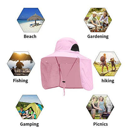 Sun Blocker Hats Outdoor Sun Protection Fishing Cap with Neck Flap Large Brim Outdoor Hat - color: Pink