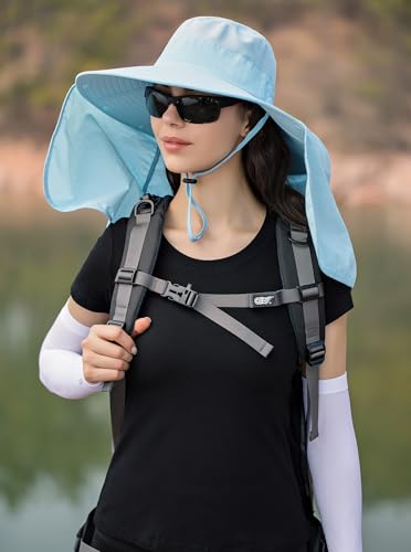 HUAMULAN Women Large Brim Sun Hat with Neck Flap, Men Quick Dry Hiking Fishing Safari Hat UPF 50+ - color: Blue With Mesh Panel