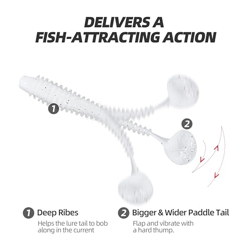 Paddle Tail Swimbaits 100/80/50PCS, 5/4/3/2 inch Soft Fishing Lures Bulk Pack – Durable Lifelike Action Lures for Bass, Trout, Crappie – Freshwater & Saltwater Fishing Gifts - color: White Pearl, size: 5in, 50pcs