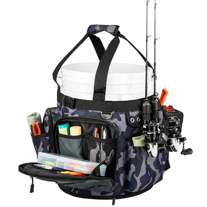 Soulchen Fishing Bucket Organizer with Cover, Ice Fishing Tackle Bag with Rod & Plier Holder, Multi-pockets for 5 Gallon Bucket Gear & Accessories, 34.2 x 11 Inch(Camouflage)