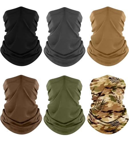 Fuinloth Neck Gaiter, 6 Pack Cooling UV Protection Bandana Face Mask Gator | Breathable Sweat Wicking, UPF 50, Sun Wind Dust Shield, Quick Dry & Washable, 95% Polyester 5% Spandex - color: Black+gray+green+sand+brown+jungle Leaf
