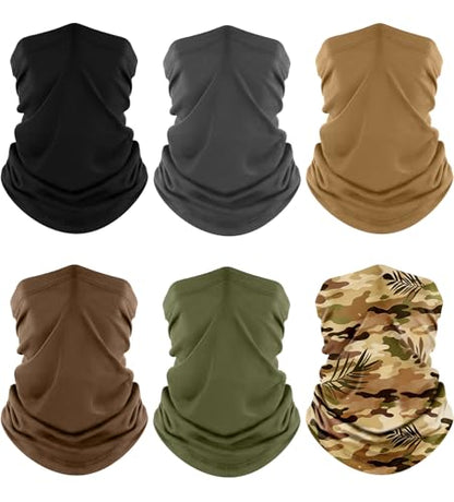 Fuinloth Neck Gaiter, 6 Pack Cooling UV Protection Bandana Face Mask Gator | Breathable Sweat Wicking, UPF 50, Sun Wind Dust Shield, Quick Dry & Washable, 95% Polyester 5% Spandex - color: Black+gray+green+sand+brown+jungle Leaf