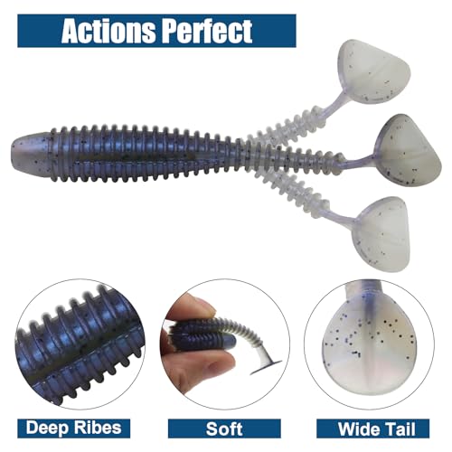 Paddle Tail Swimbaits, 2.5 inch/3inch Soft Lures Fishing Trout Crappie Bass for Freshwater and Saltwater 75PCS/60PCS - color: Junebug Purple, size: 3 inch, 60 PCs