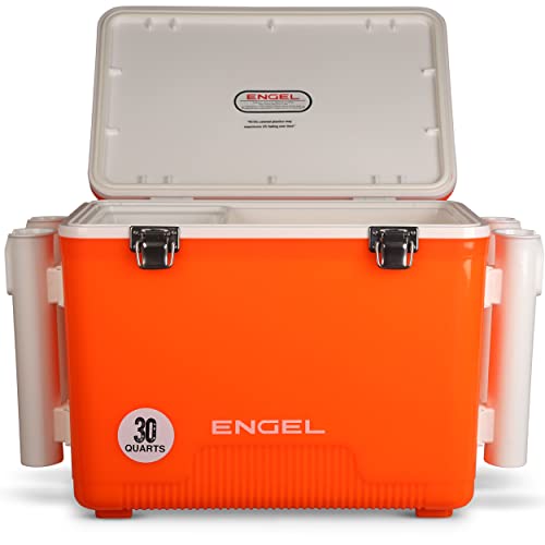 Engel UC30 Leak-Proof, Air Tight, Fishing Drybox Cooler with Built-in Fishing Rod Holders, Also Makes The Perfect Hard Shell Lunchbox for Men and Women - color: Hi Viz Orange