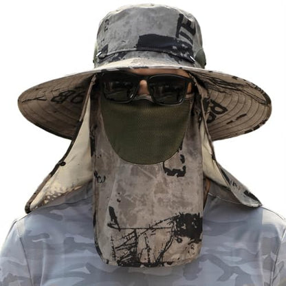 Sun Hat Unisex Face Coverage Shield Neck Flap Cap Garden Lawn Work Sports Hiking Fishing Hats - color: Khaki Ink Wash