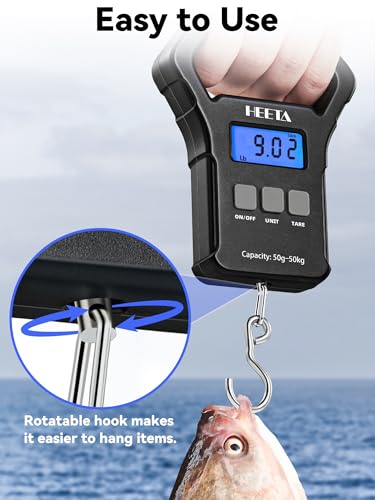 HEETA Fish Scale 110lb/50kg Digital Hanging Fishing Luggage Weight Scale | Portable with Backlit LCD Display, Hook & Non-Slip Large ABS Handle, Fishing Gifts Gear for Men, 2 AAA Batteries Included - color: Black