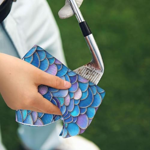 Blue Pink Fish Scale A Print Golf Towel, Microfiber Golf Towels for Bags with Carabiner Clip 16 x 24 inches, Men Womens Golfs Accessories