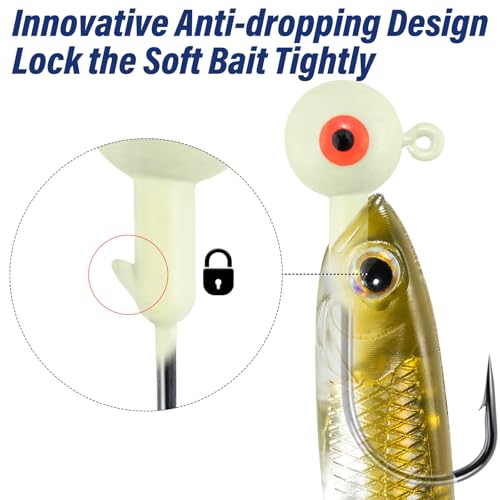 Alwonder 10-Pack Round Fishing Jig Heads, Bass Ball Jigs Hooks 3D Eyes High Carbon Steel 1/8-1/2OZ Pompano Jig Head Saltwater Freshwater Jigs Heads for Fishing Pompano Bass Trout Walleye Striper - color: Luminous, size: 1/8oz