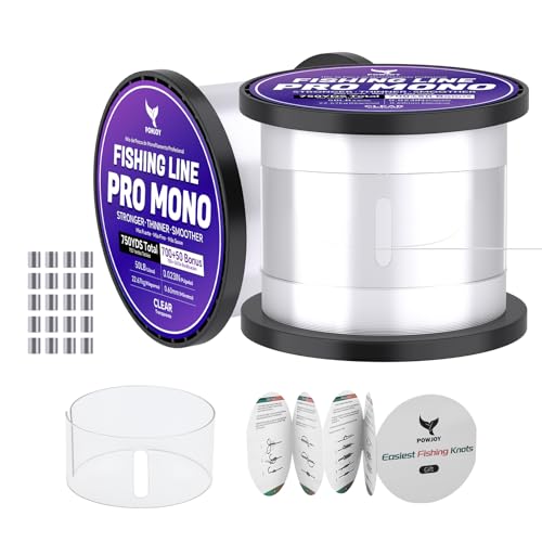 Monofilament Fishing Line with Knot Guide Card, Tangle-Free Snap Ring for No More Mess, Low Memory Smooth Casting Nylon Mono String, 15/20/30/50/80LB, 220-1050 Yards - color: Clear, size: 50LB 750Yards