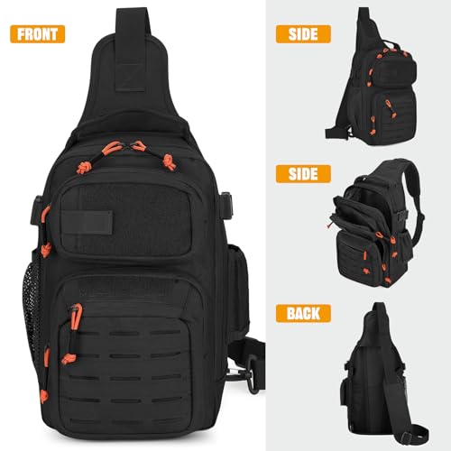 HUNTVP Fishing Sling Bag Lightweight Tackle Bag Small Fishing Backpack Tactical Shoulder Sling Bags with Rod Holder, Storage Gear and Equipment, Gifts for Men (Black) - color: Black