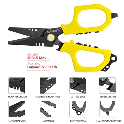 SAMSFX Fishing Braid Line Scissors Shears with Titanium Coating and Dual-Serrated Blade, Kraton Handle, Arrives with Hard Sheath and Coiled Lanyard (Yellow Kraton Handle) - color: Yellow Kraton Handle