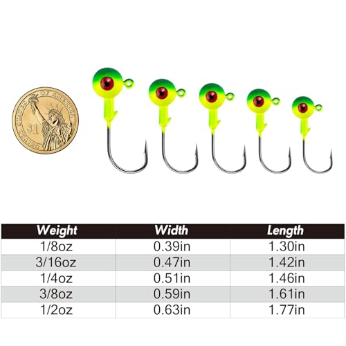 Alwonder 10-Pack Round Fishing Jig Heads, Bass Ball Jigs Hooks 3D Eyes High Carbon Steel 1/8-1/2OZ Pompano Jig Head Saltwater Freshwater Jigs Heads for Fishing Pompano Bass Trout Walleye Striper - color: Green, size: 1/2oz