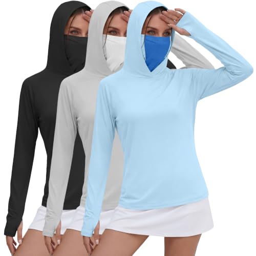 Xaatren 3 Pack Women's UPF 50+ Sun Hoodies with Face Mask Thumb Holes Quick Dry Fishing Shirts UV Protection Hiking Shirt - color: Black, Gray, Blue, size: Medium