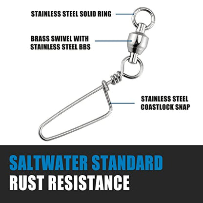 Dr.Fish 20 Pack Fishing Snap Swivels Ball Bearing Swivels Fishing Tackle Saltwater & Freshwater Coast Lock Lure Snaps Clips Terminal Tackle Line Leader Connector Accessories - size: #3-78LB-20 Pack