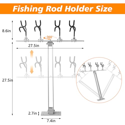 4 Head Fishing Rod Holder, 360° Adjustable Fishing Rod Holder Aluminum PVC Coated Boat Fishing Holder