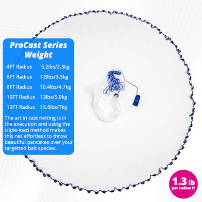 1.3 lbs/ft Fishing Cast Net with Eco-Friendly Lead Weights, 3/8inch Mesh Size, Throw Nets for Freshwater & Saltwater, 4/6/8/10/12 Ft Radius Casting Net - ProCast Series