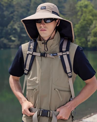 HUAMULAN Men Summer Sun Hat Women Safari Wide Brim Fishing Hats UV Protection Neck Flap Bucket Gardening Hiking Hunting Cap - color: Khaki With Black Mesh