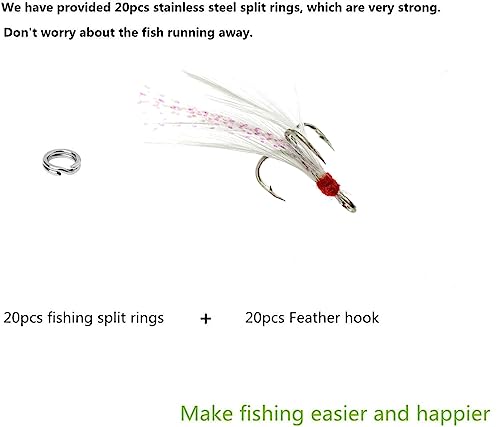 Fishing Treble Hooks Feather Dressed: 20pcs/Box Feathered Treble Hook Size 2 4 6 8 with Split Rings Replacement for Fishing Lure Spinner Spoon Crankbait Making - color: White, size: 6#