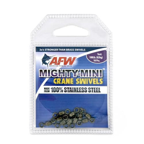 AFW American Fishing Wire Fishing Swivels - Mighty Mini 100% Stainless Steel Crane Swivels, 3X Stronger Than Brass, for Terminal Tackle Box, Up to 600lb Test - Fishing Gear for Fishing Line Leaders - size: 10 Pieces, 180 Pound Test