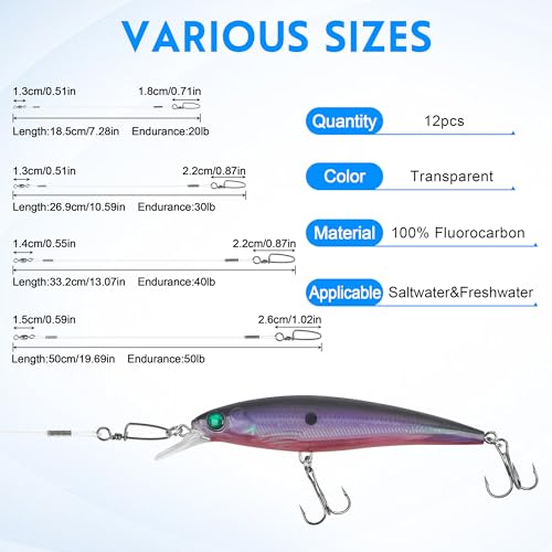 Fishing Leaders Fishing Fluorocarbon Wire Leader Line with Crane Swivels and Snap 20-50LB Fluorocarbon Leader Connector Tackle Lures Rigs or Hooks Fishing Leader Line for Saltwater Freshwater - size: 20lb-6" 12pcs