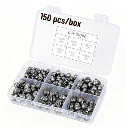 150Pcs/Box Big Size Removable Split Shot Fishing Sinkers Assorted Sizes (0.02oz, 0.04oz, 0.07oz, 0.09oz, 0.11oz, 0.12oz Mixed), Easy Open Mouth Design Fishing Weights