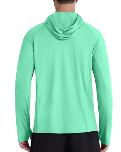 Roadbox UPF 50+ Men's Hooded Fishing Shirts, Long Sleeve UV Sun Protection Hoodie Hiking Running Swim Rash Guard with Mask - color: Mint Green, size: Small