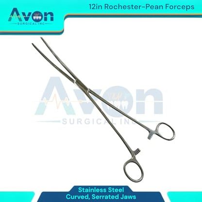 12inch Rochester-Pean Hemostat Forceps, Curved with Serrated Jaws - Lock-Ratcheting - Multi-Use, for Fishing, Veterinary, Crafts, and More - Stainless Steel (1 Each)