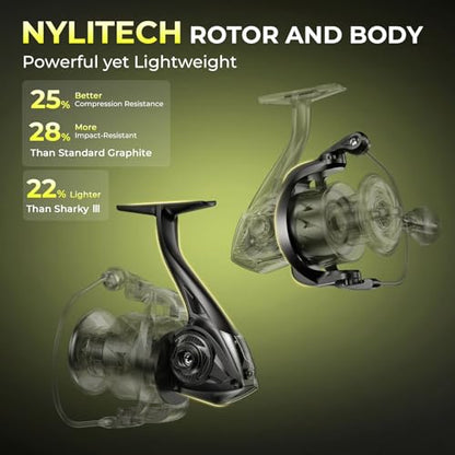 KastKing Sharky Spinning Reel – 5.2:1 & 6.2:1 Gear Ratios, Carbon Fiber Drag 33–39.5LB, 10+1 Stainless Bearings, Lightweight Nylitech Body, Oversize Shaft, for Saltwater & Freshwater - color: 6.2:1-Sharky X, size: 3000