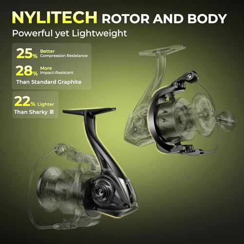 KastKing Sharky Spinning Reel – 5.2:1 & 6.2:1 Gear Ratios, Carbon Fiber Drag 33–39.5LB, 10+1 Stainless Bearings, Lightweight Nylitech Body, Oversize Shaft, for Saltwater & Freshwater - color: 6.2:1-Sharky X, size: 5000