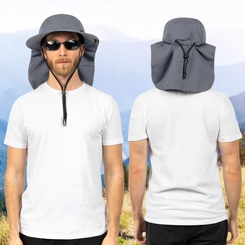 SUN CUBE UPF50+ Sun Hat for Men Women with Neck Flap, Wide Brim UV Protection Fishing Safari Hat for Hiking Beach Gardening - color: Gray
