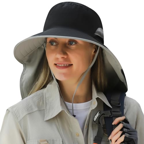 HUAMULAN Women Large Brim Sun Hat with Neck Flap, Men Quick Dry Hiking Fishing Safari Hat UPF 50+ - color: Hyp011-black