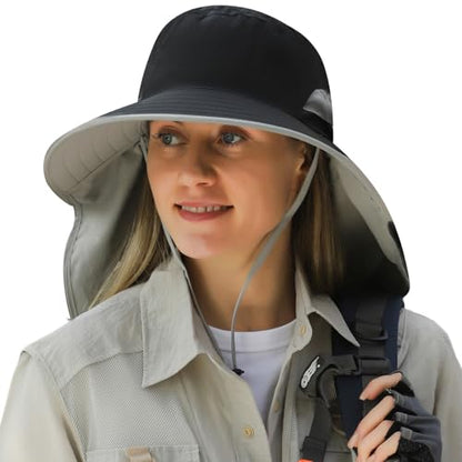 HUAMULAN Women Large Brim Sun Hat with Neck Flap, Men Quick Dry Hiking Fishing Safari Hat UPF 50+ - color: Hyp011-black