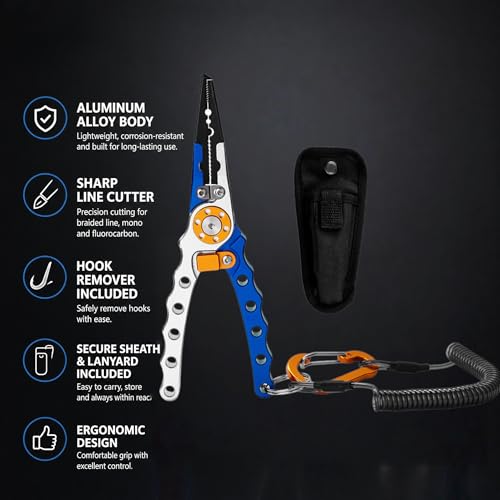 Fishing Pliers with Sheath and Lanyard, 5.8" Aluminum Alloy Hook Remover & Line Cutter, Saltwater Braided Line Cutters for Boat, Fly & Ice Fishing, Split Ring Pliers Tool (red-blue) - color: Red-blue