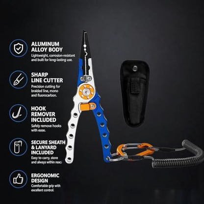 Fishing Pliers with Sheath and Lanyard, 5.8" Aluminum Alloy Hook Remover & Line Cutter, Saltwater Braided Line Cutters for Boat, Fly & Ice Fishing, Split Ring Pliers Tool (blue-silver) - color: Blue-silver