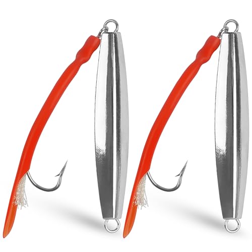 Diamond Jig Saltwater Fishing Lure, 2/3pcs Casting Jigging Spoons with Split Tube Tail Striped Bass Flat Metal Jig for Surf Fishing Bottom Sinking Bouncing Deep Sea Ocean 1-10oz - size: 3oz, style: 2pcs-red