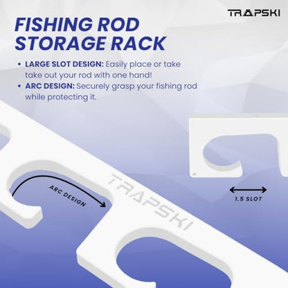TRAPSKI Made in USA Fishing Rod/Pole Holder Rack Organizer | Wall or Ceiling Mounted Fishing Rod Rack | Marine Grade HDPE Plastic | Pole Holder for up to 6 Stackable - color: H6 White