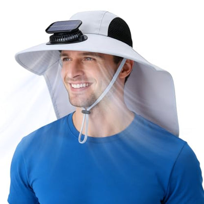 Solar Fan Hat Wide Fishing Hat Breathable Neck Flap Bucket Hats Outdoor Sun Hats for Men Women with USB Charging - color: Light Gray