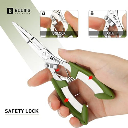 Booms Fishing H01 Small Fishing Pliers Scissors Braid Cutters Stainless Steel Fishing Tools Split Ring Pliers Hook Remover - color: Green