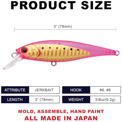 LUCKY CRAFT Pointer 78SP Fishing Lures, 3" Freshwater Bass & Trout Lures, Suspending 4ft-5ft Depth, Jerkbait, Bass Fishing Gear and Accessories, Ghost & Aurora - color: 717 Ghost Pink Gold Sardine