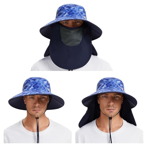 BASSDASH UPF 50+ Breathable Sun Hat with Removable Face Cover and Neck Flap Wide Brim Bucket Hat for Fishing Hiking Men Women - color: Blue Camo/Navy Blue