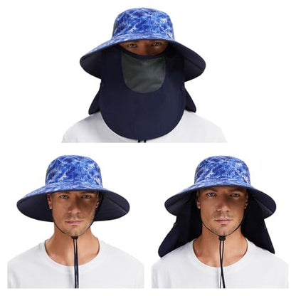 BASSDASH UPF 50+ Breathable Sun Hat with Removable Face Cover and Neck Flap Wide Brim Bucket Hat for Fishing Hiking Men Women - color: Blue Camo/Navy Blue