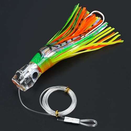 Saltwater Fishing Lures 6/9inch Trolling Lures for Marlin Mahi Tuna Dolphin Shark Big Game Deep Sea Fishing Baits Squid Skirts Rigged Hooks Ocean Gear Tackle - color: Yellow-1pcs, size: 6inch