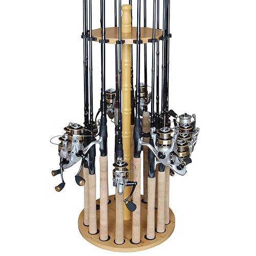 Rush Creek Creations Round 16 Fishing Rod Storage Rack - Features Traditional Handcrafted Wood Post - No Tool Assembly, Wood Grain Laminate - color: Light Wood Grain