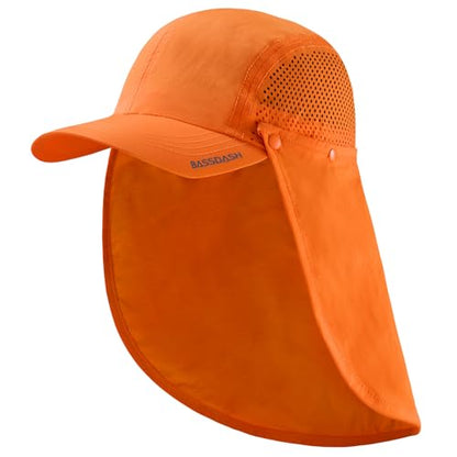 BASSDASH UPF 50+ Foldable Fishing Hat Baseball Cap with Removable Neck Flap Portable for Men Women Golf Hiking - color: Orange With Unfoldable Brim